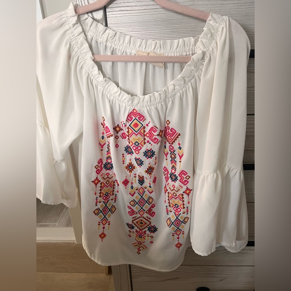 Savanna Jane White Peasant Top with Pink & Navy Embroidery